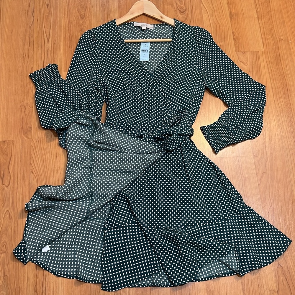 LOFT long sleeves polka dots green wrap dress - Picture 2 of 12